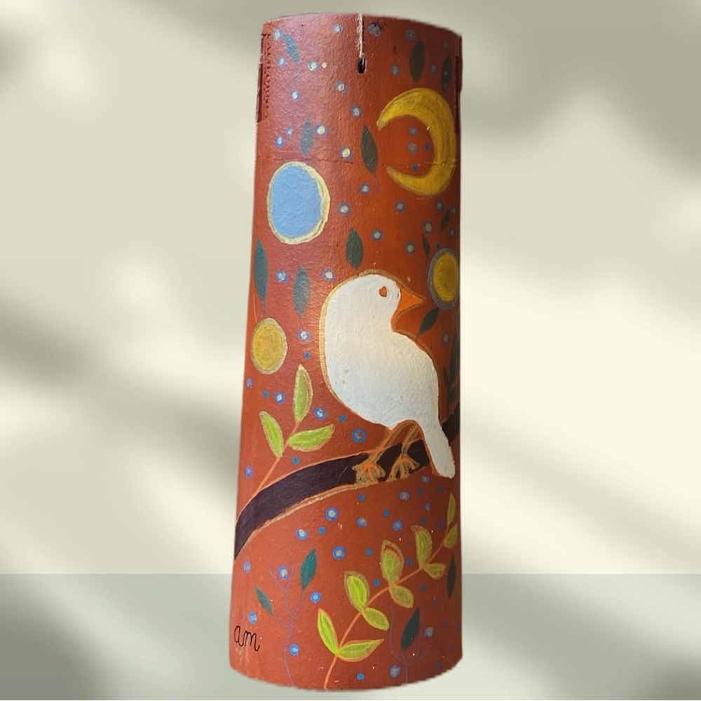 Hand-Painted Terracotta Vase with Bird Design
